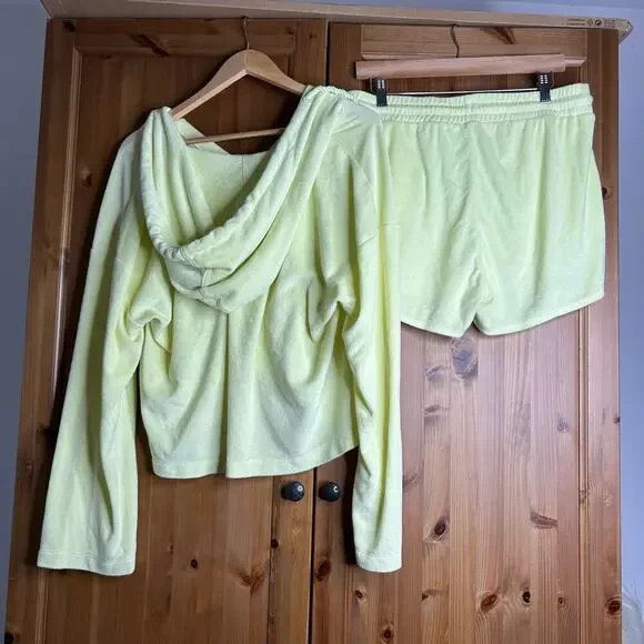 J. Crew Towel Terry V-neck Hoodie Set‎ Neon Yellow Women’s Medium Cozy Beachy - Picture 4 of 11